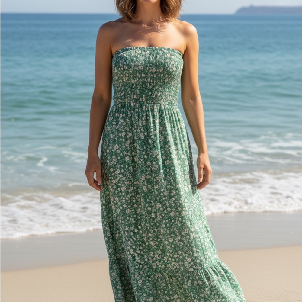 Zesica Floral Green Strapless Maxi Dress small - Picture 2 of 9